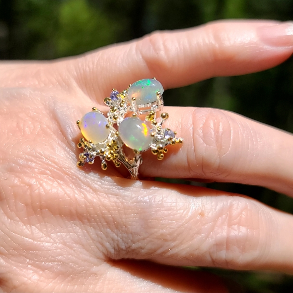 STUNNING Three Queens Opal & Tanzanite floral cocktail ring sz 7.5 - Picture 7 of 9